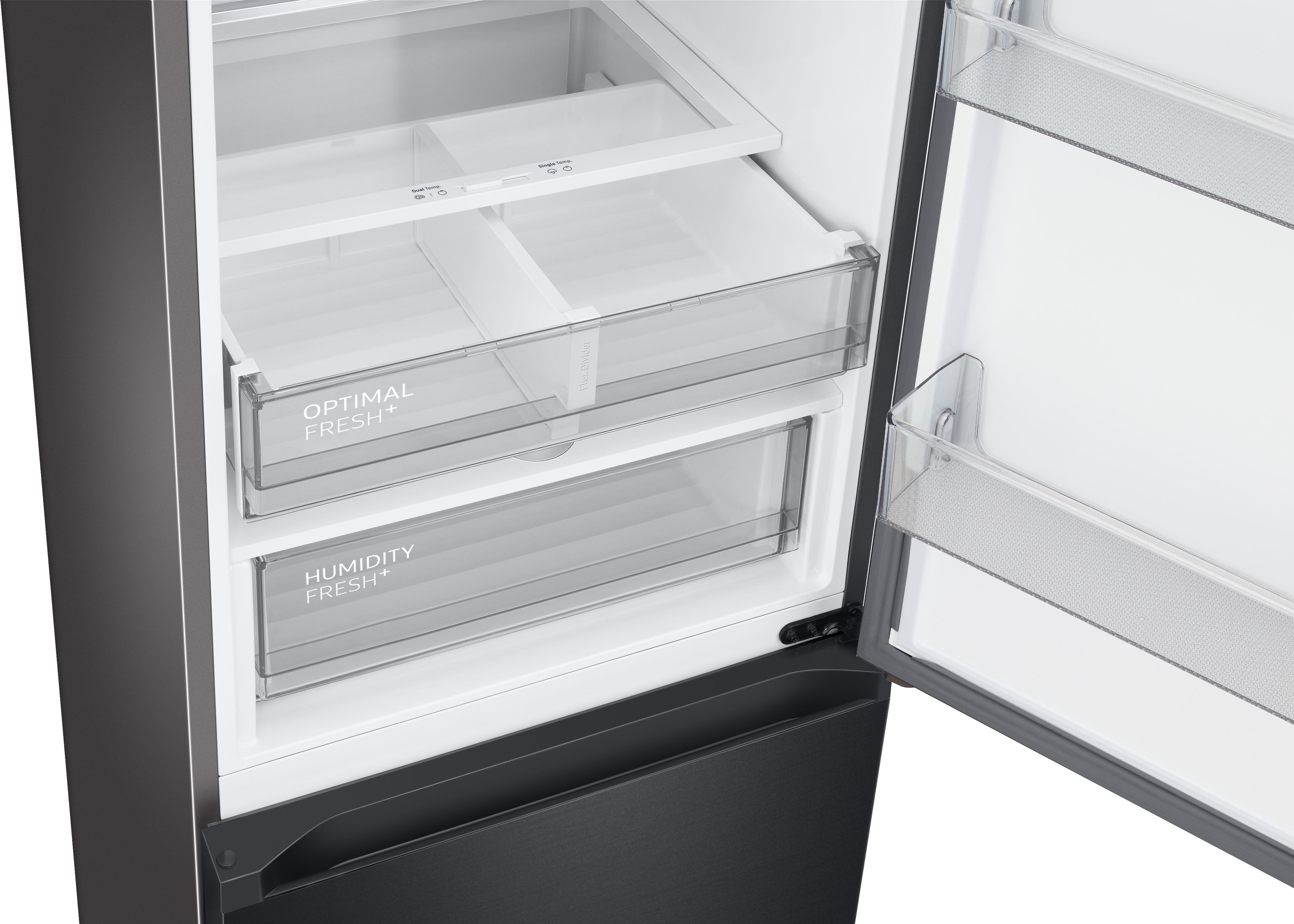 Kühlschrankinnenraum. Schubladen mit der Aufschrift Optimal Fresh+ und Humidity Fresh+. Schwarzes Äußeres.