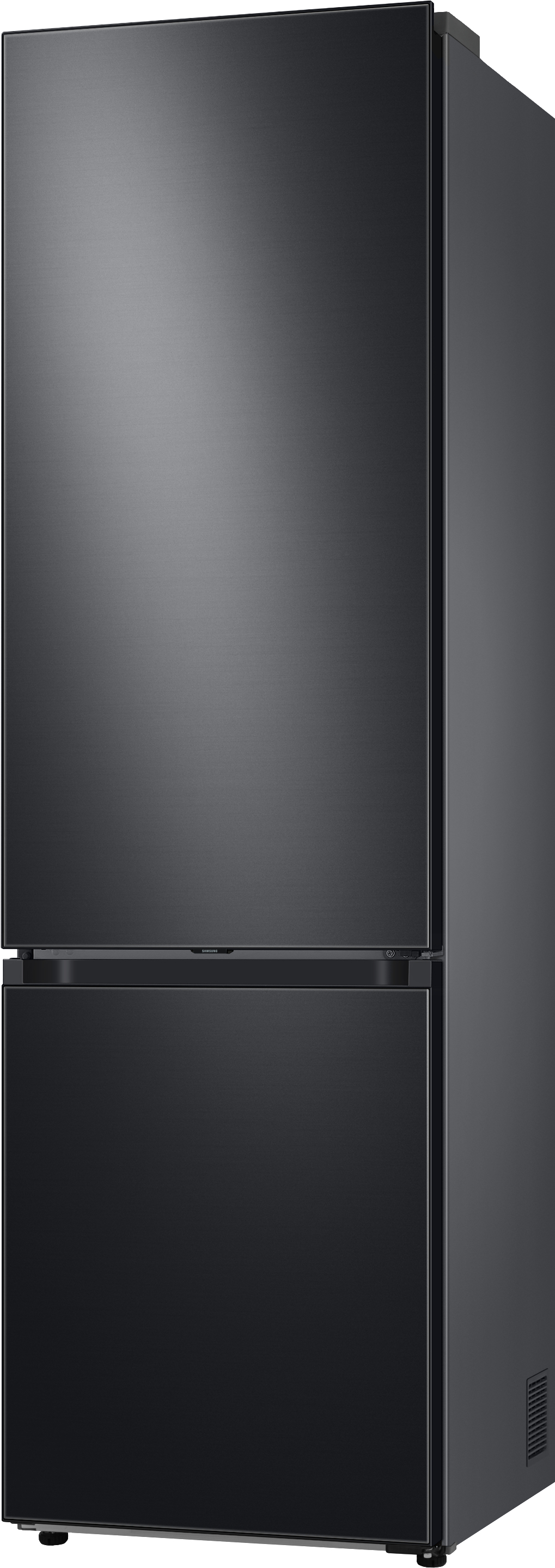 Schwarzer Kühlschrank mit zwei Türen, oben und unten.