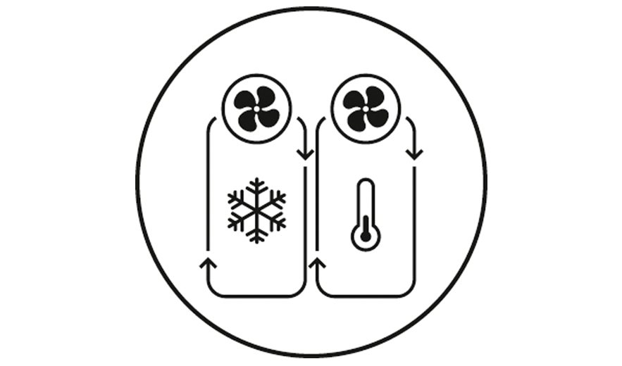 Vereinfachtes Diagramm eines Kühlsystems mit Schneeflocken- und Thermometersymbolen.