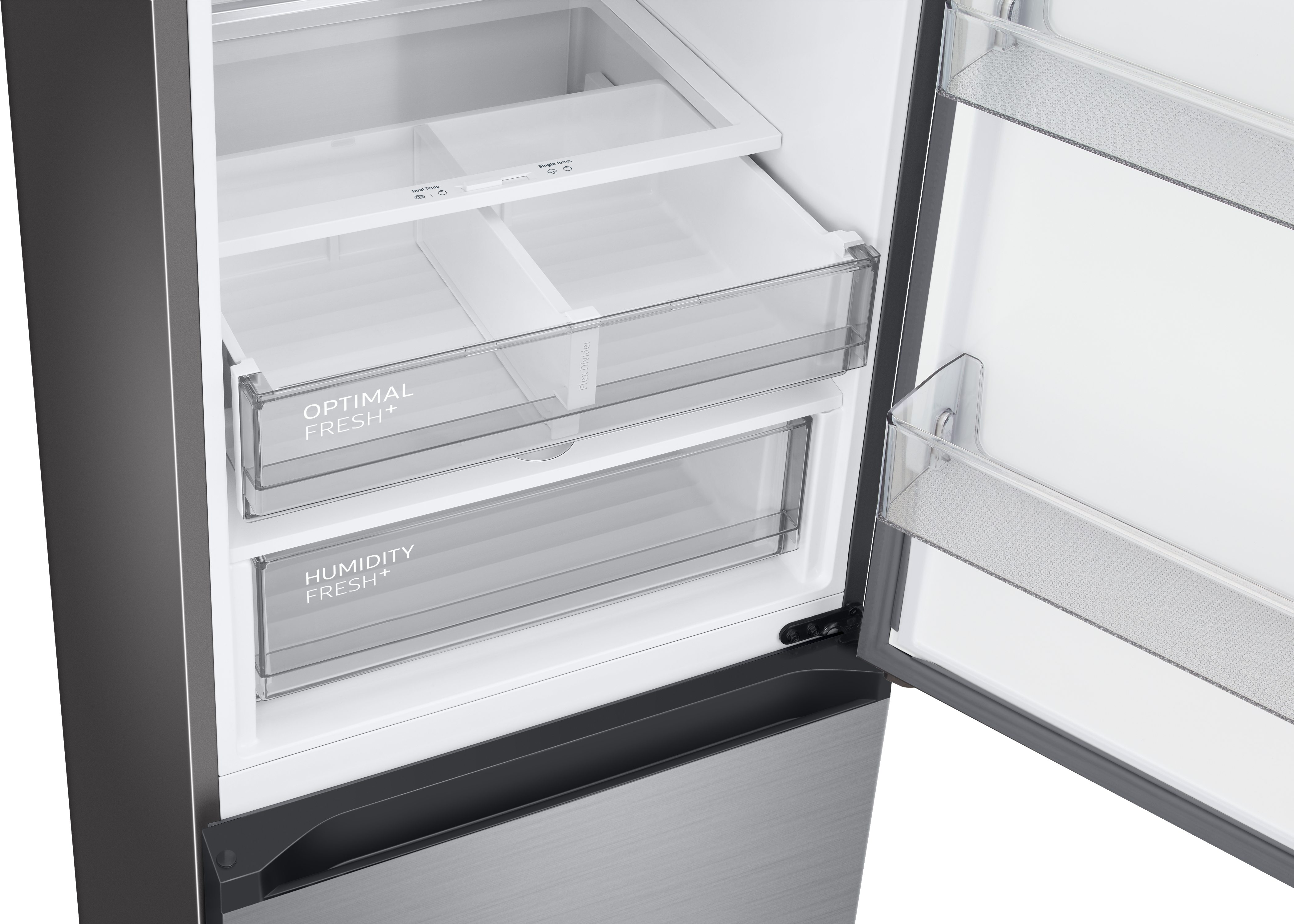 Innenseite eines Kühlschranks aus Edelstahl mit Schubladen mit der Aufschrift 'Optimal Fresh+' und 'Humidity Fresh'.