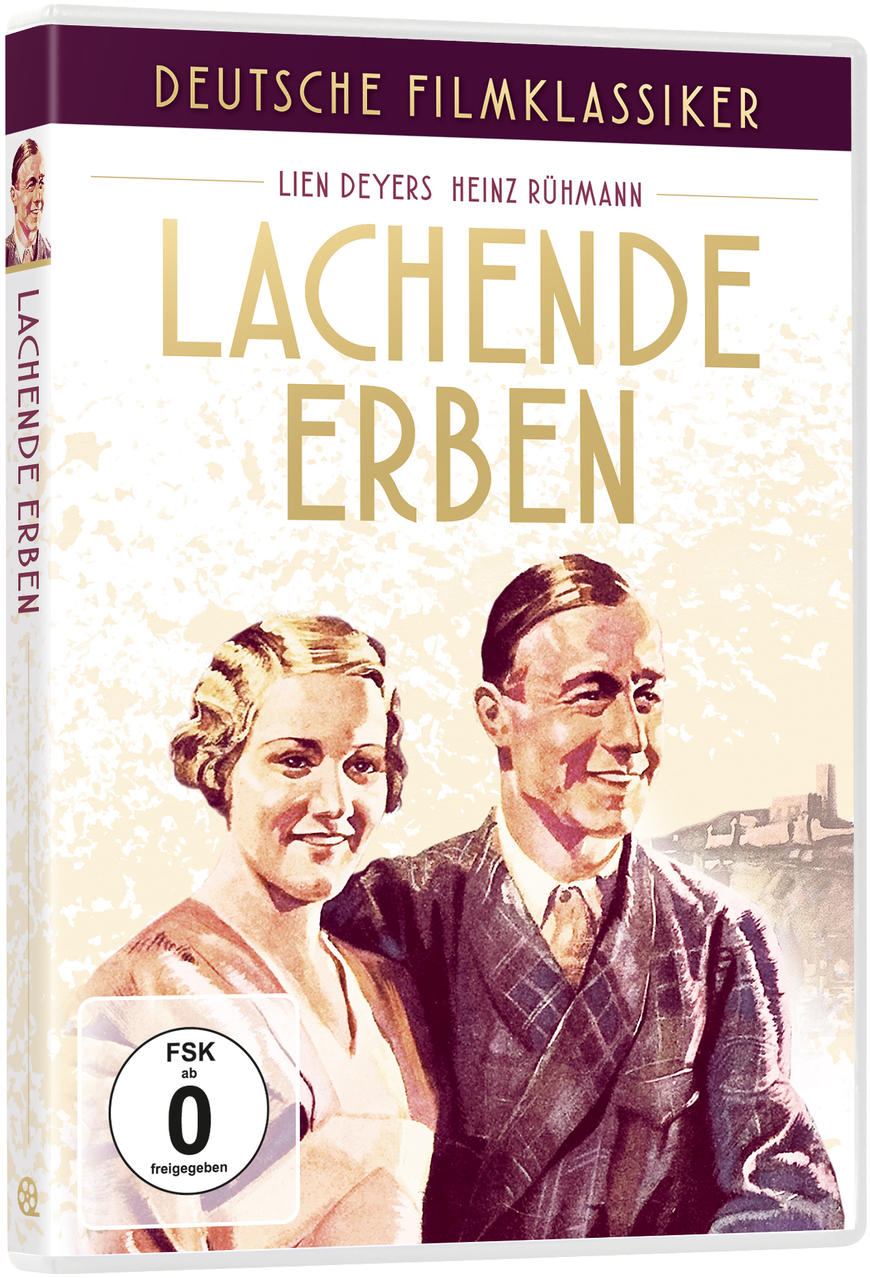 Ein Film-DVD-Cover mit einem Paar und Text auf Deutsch. „Lachende Erben“ und „Deutsche Filmklassiker“ sind sichtbar.
