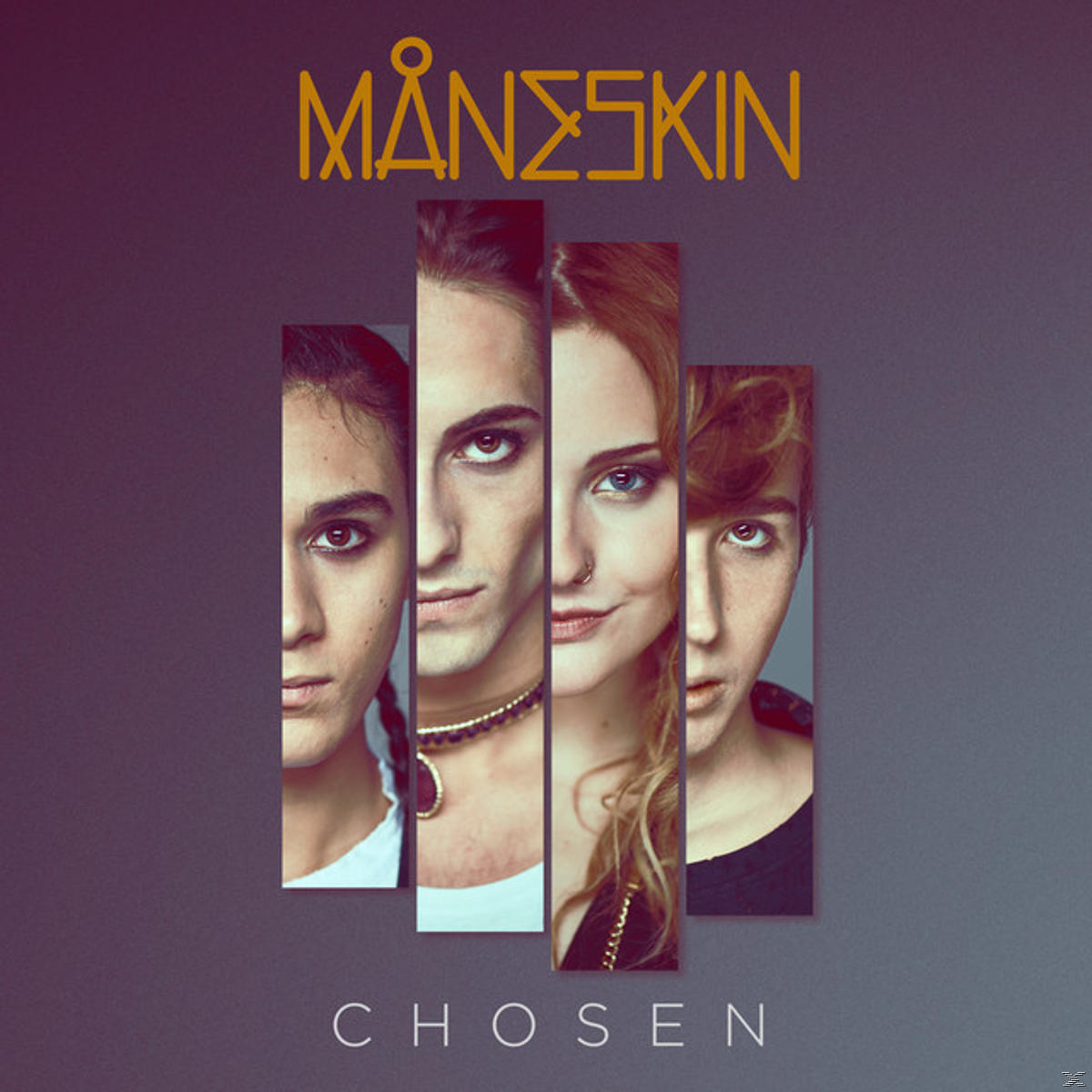 Albumcover mit vier Gesichtern, geteilt durch vertikale Balken, mit goldenem Text "MÅNESKIN" oben und "CHOSEN" unten.