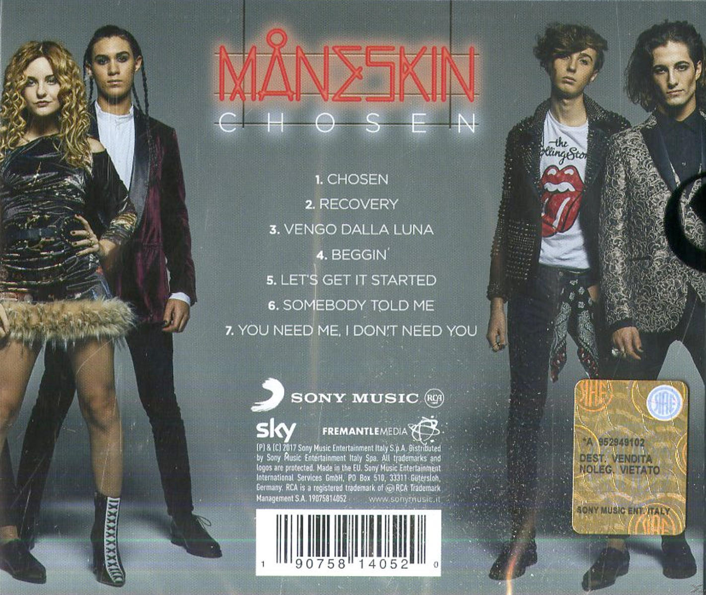 Albumcover mit einer Band, Bandname 'Maneskin Chosen', Trackliste und Logos.