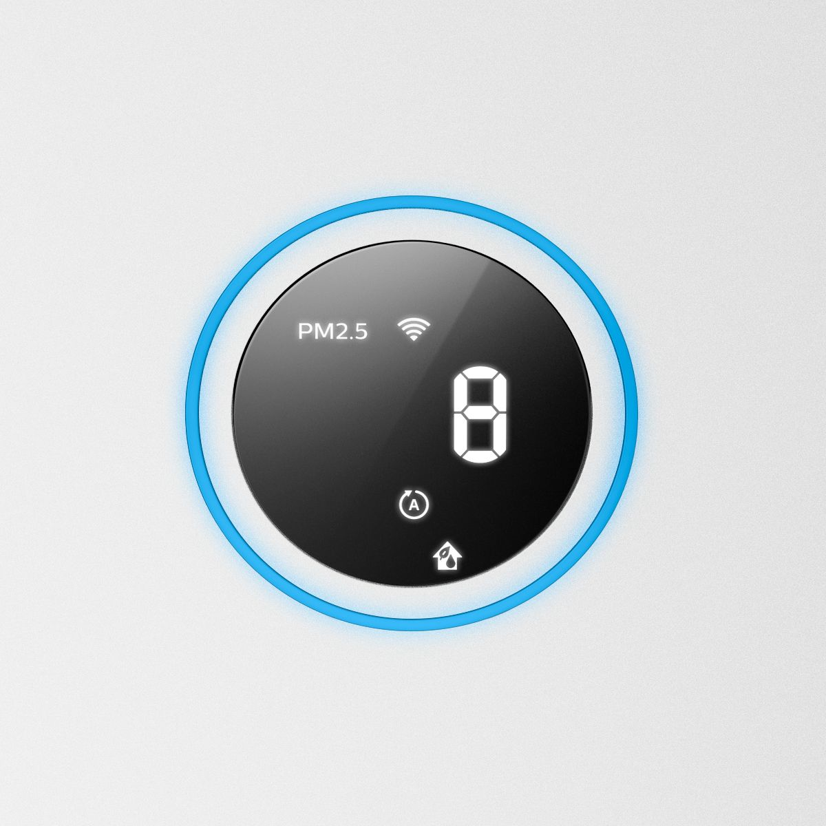 Un display rotondo con un display digitale che mostra '8' e una luce blu intorno.