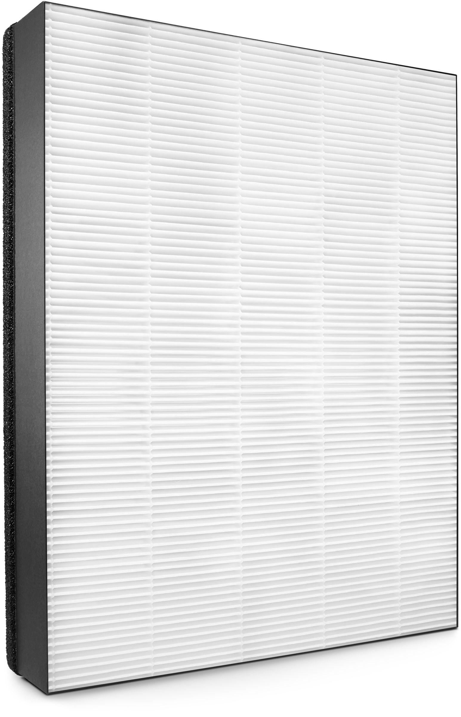 Un filtro dell'aria bianco con cornice nera. Ha molte linee orizzontali sottili.