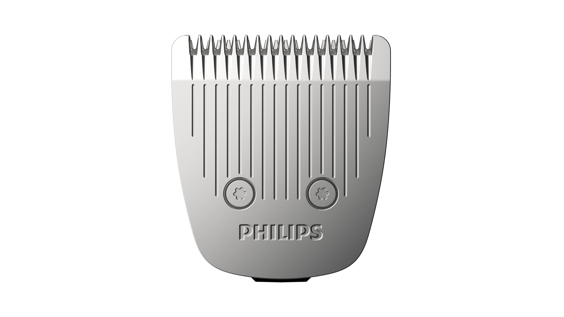 Une lame de tondeuse Philips argentée avec le nom de la marque estampé.