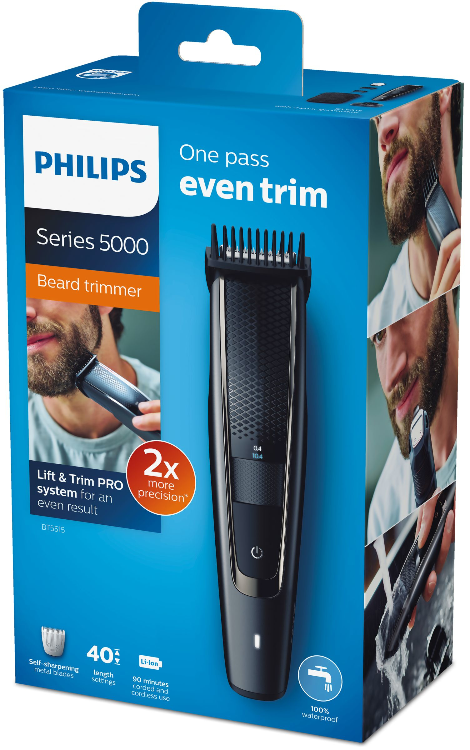 Une boîte pour une tondeuse à barbe Philips Série 5000. La boîte montre la tondeuse et un homme l'utilisant.