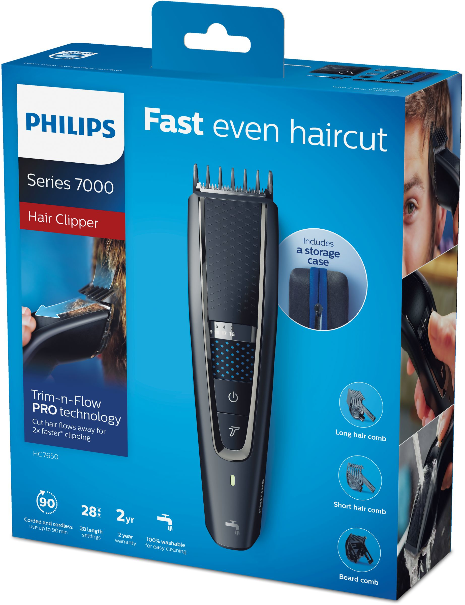 Eine Haarschneidemaschinenbox mit einem Bild des Clippers und eines Mannes, der ihn benutzt.