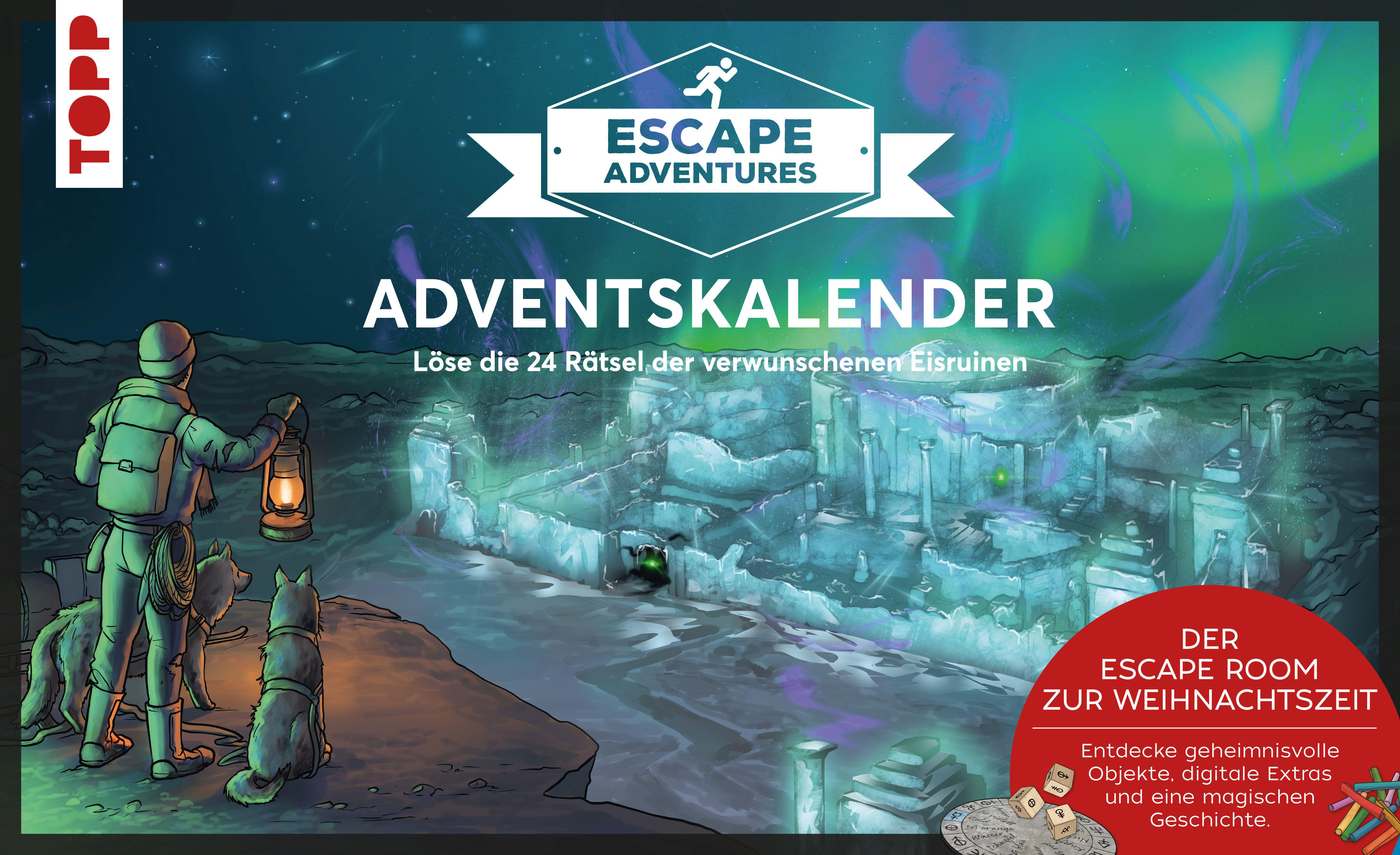 Adventskalenderbox mit Winterszene, Person mit Hunden, Schnee und gefrorener Struktur.