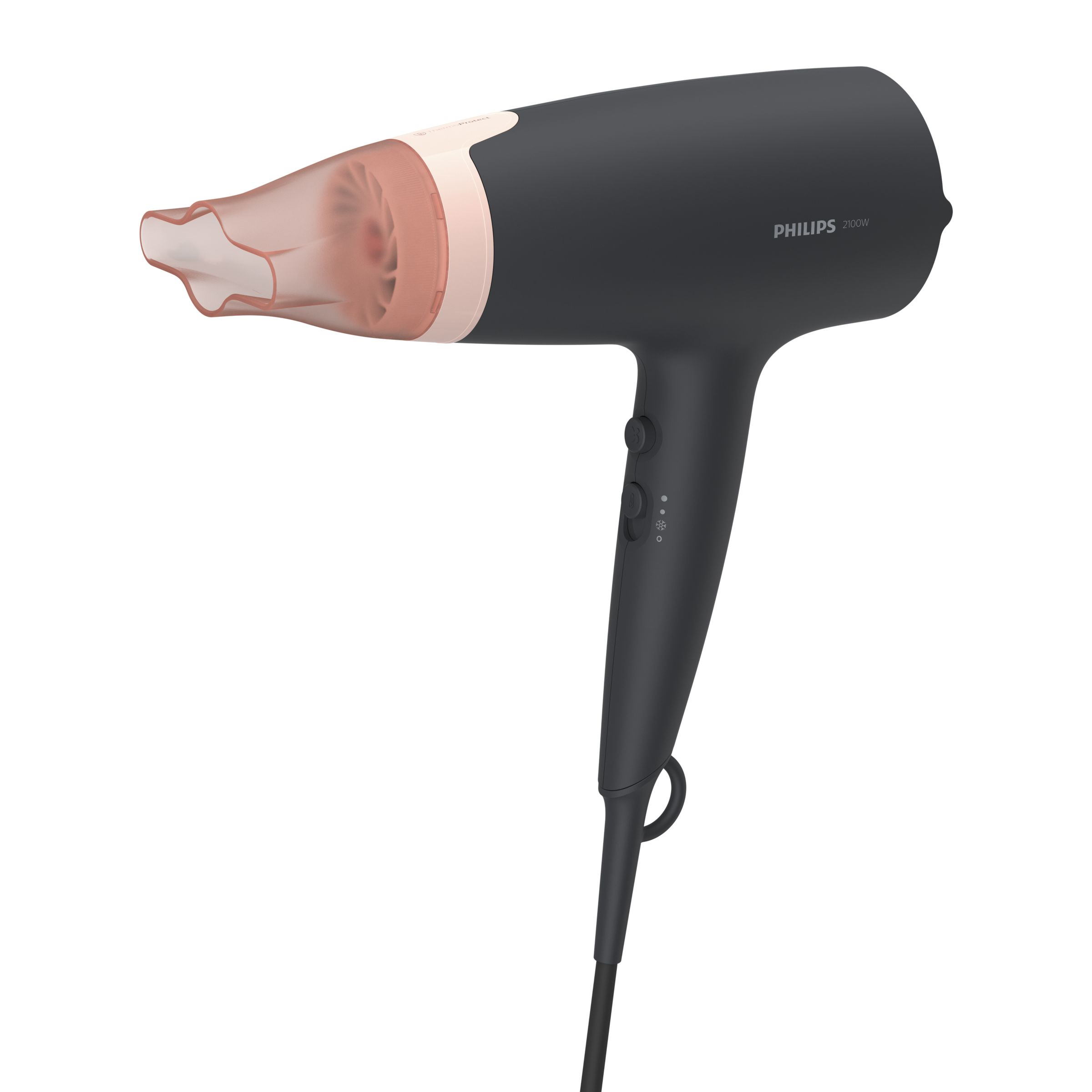 Sèche-cheveux Philips noir avec une buse rose.
