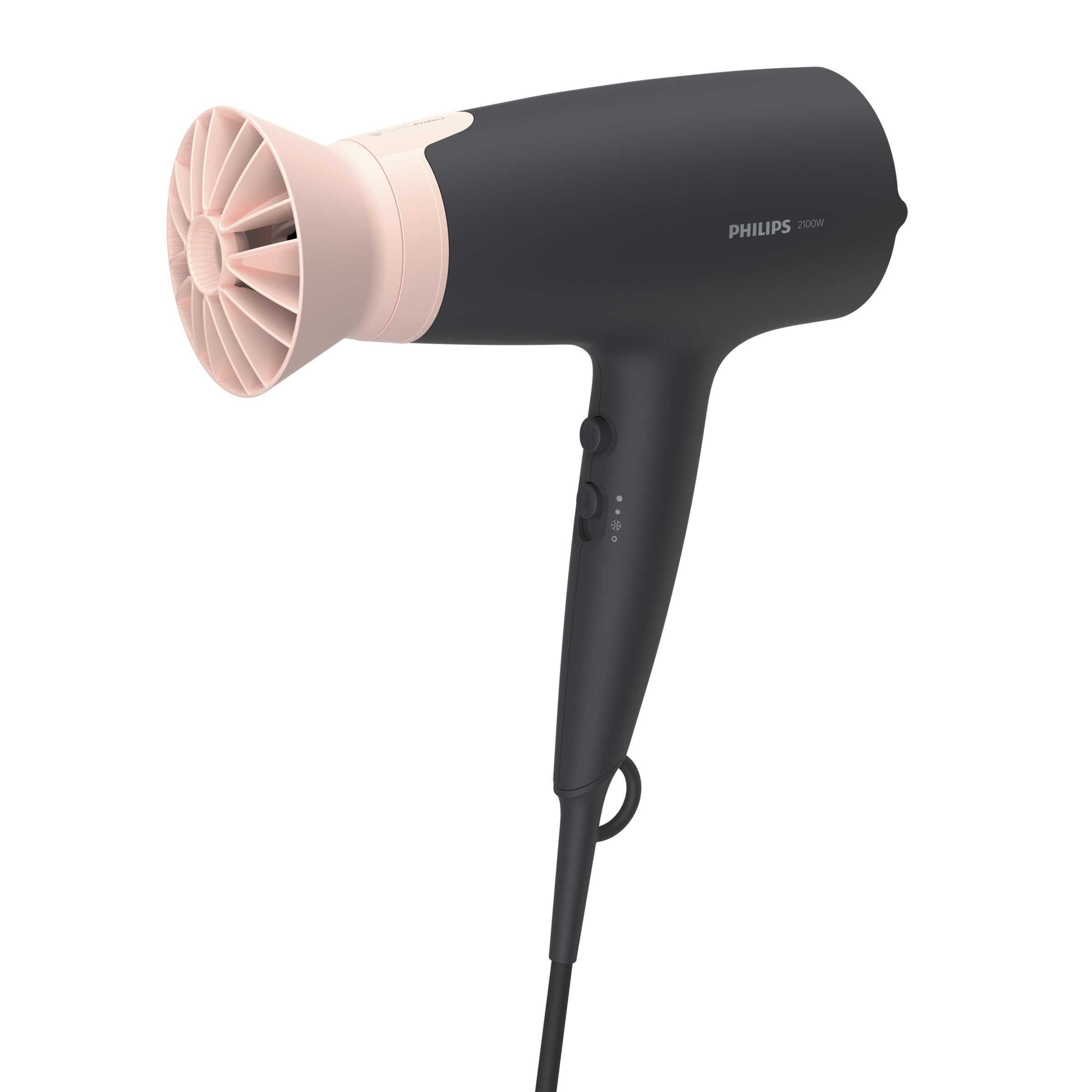 Sèche-cheveux Philips noir et gris avec des accents roses. Le sèche-cheveux est sur fond blanc.