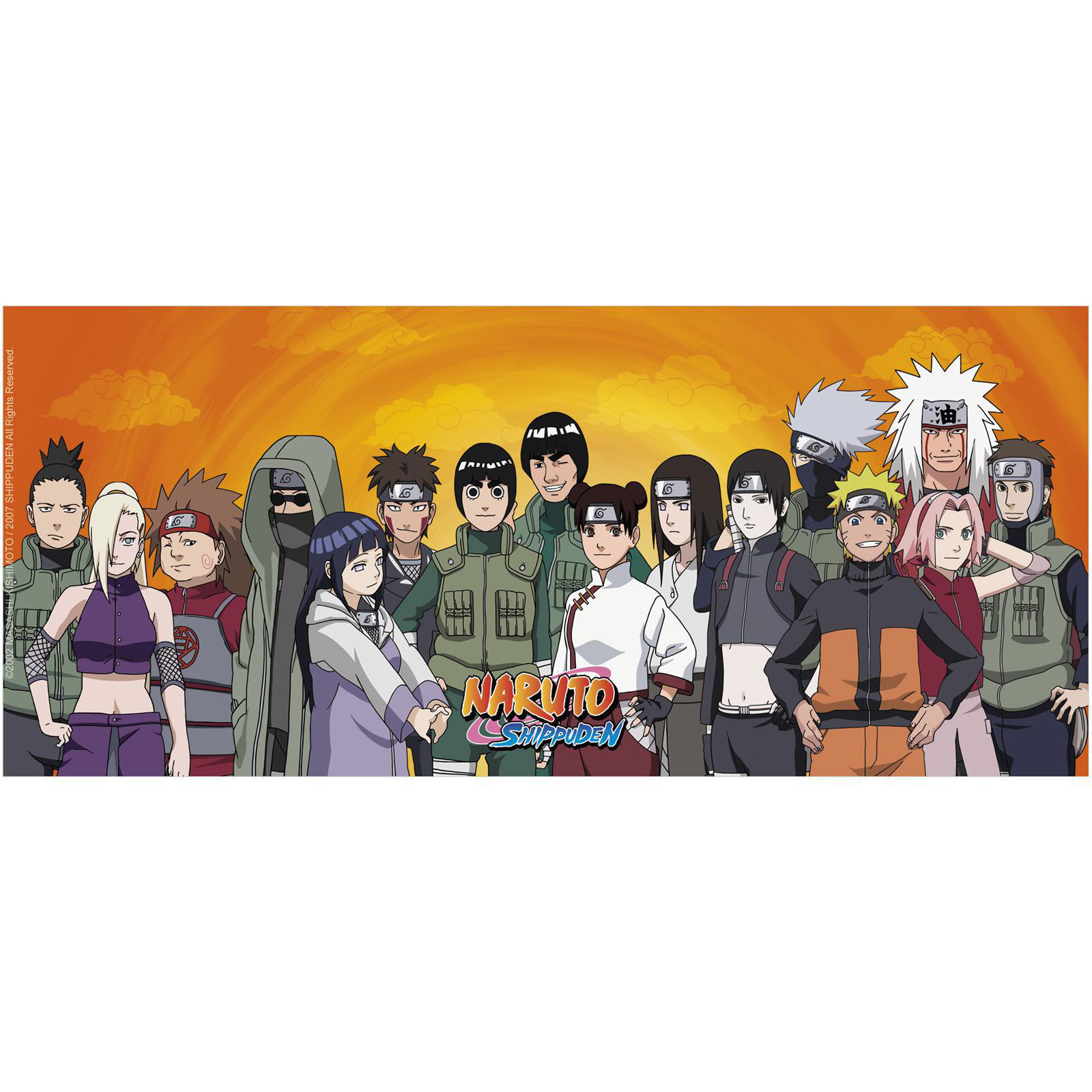 Eine Gruppe von Naruto-Charakteren steht vor einem orangefarbenen Sonnenuntergang. Der Titel lautet "Naruto Shippuden".