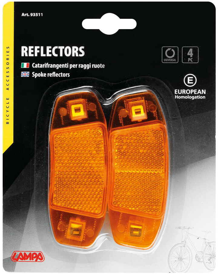 Egy csomag, amely két narancssárga küllőreflektort tartalmaz kerékpárokhoz.