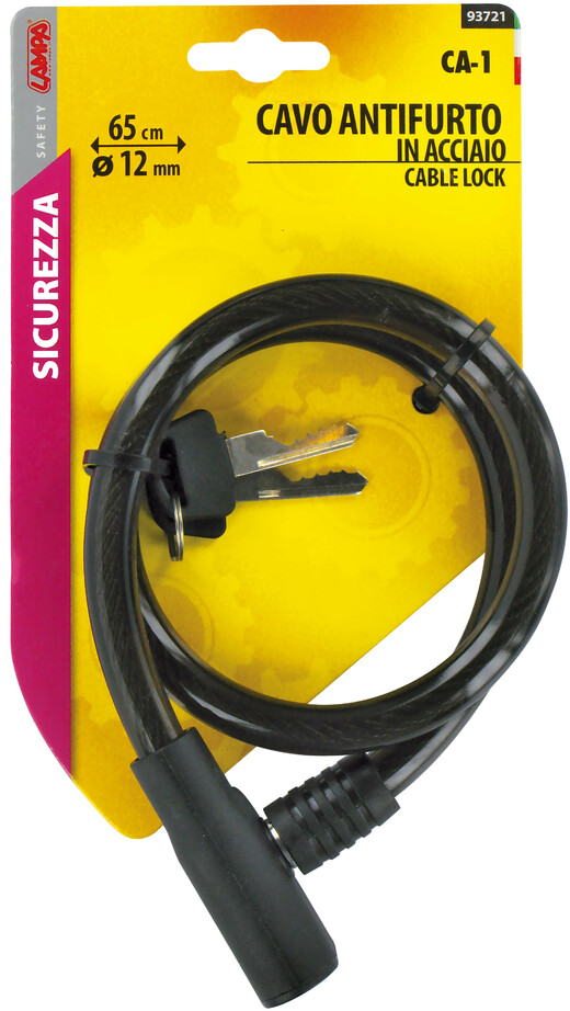 Kábeles zár csomagolásban. Kulcs és zár látható. Szöveg: CA-1 CAVO ANTIFURTO IN ACCIAIO CABLE LOCK.