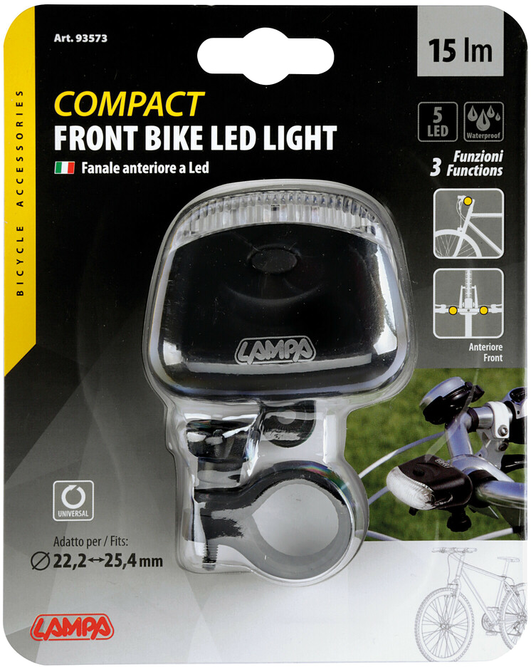 Kompakt első kerékpár LED lámpa csomagolása. Fekete-sárga design, lámpa- és kerékpárképpel.