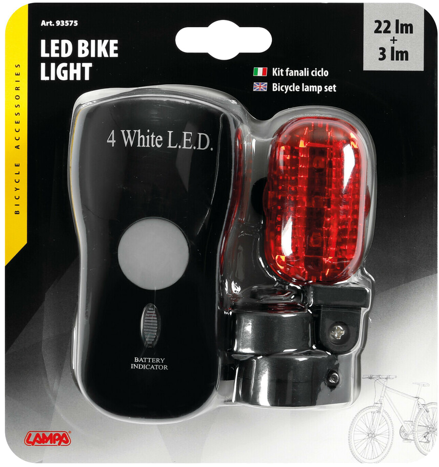 LED-es kerékpárlámpa csomagban, fekete és piros fénnyel.
