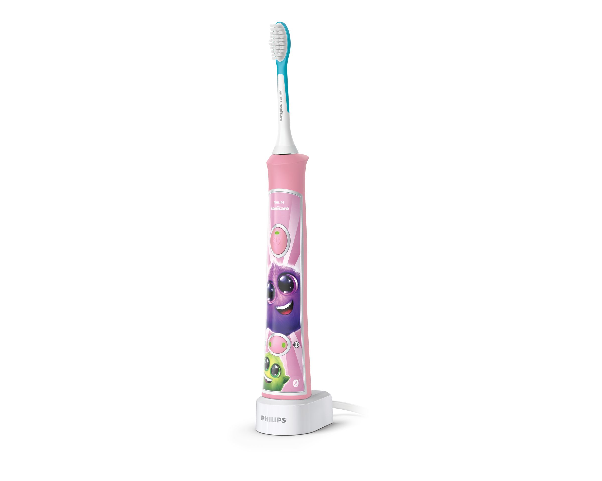 Pink and blue toothbrush with a charging base. It is a children's toothbrush.