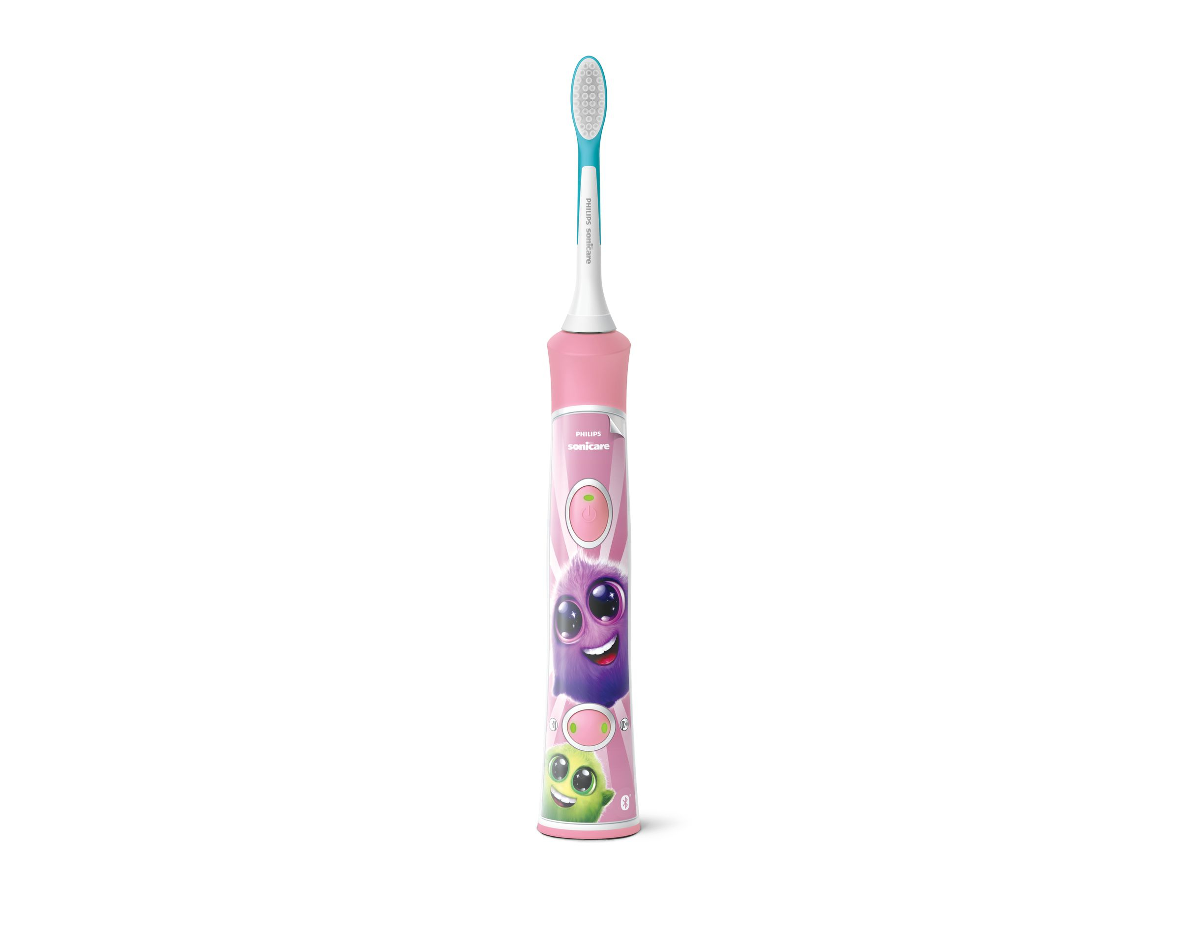 A pink and white electric toothbrush with a blue brush head, on a white background.