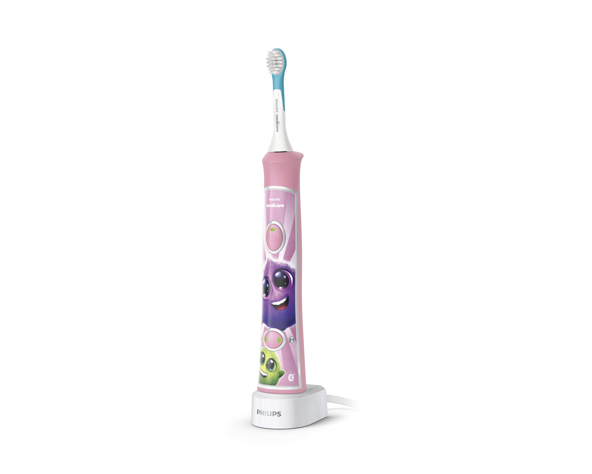 Pink and white children's toothbrush with a cartoon character on the handle. It has a charging base.