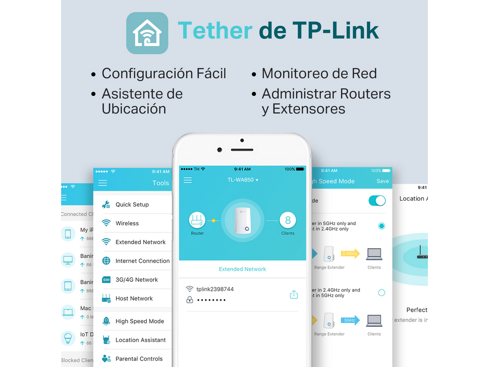 Teléfono móvil con aplicaciones. Texto: Tether by TP-Link.