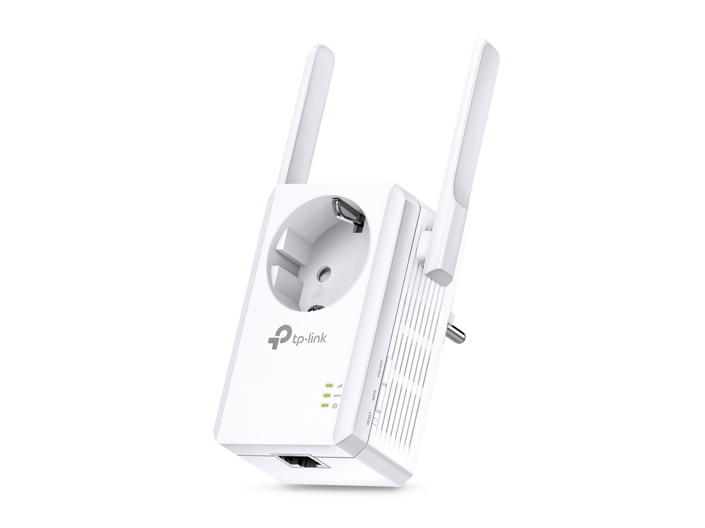 Extensor WiFi TP-Link blanco. Tiene dos antenas y un enchufe. Fondo blanco.