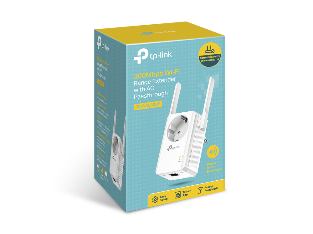 Una caja para un Extensor de Rango Wi-Fi TP-Link con Paso a través de CA. La caja es blanca y amarilla.