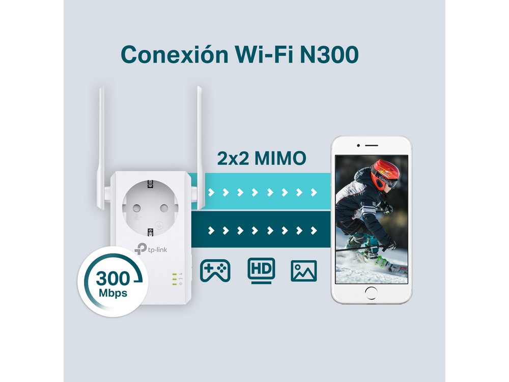 Un extensor Wi-Fi con antenas, un teléfono inteligente e iconos que representan diversas actividades en línea.