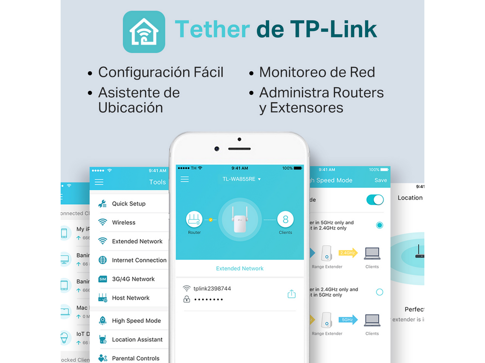 Aplicación TP-Link Tether en la pantalla de un teléfono, con texto en español sobre las funciones.