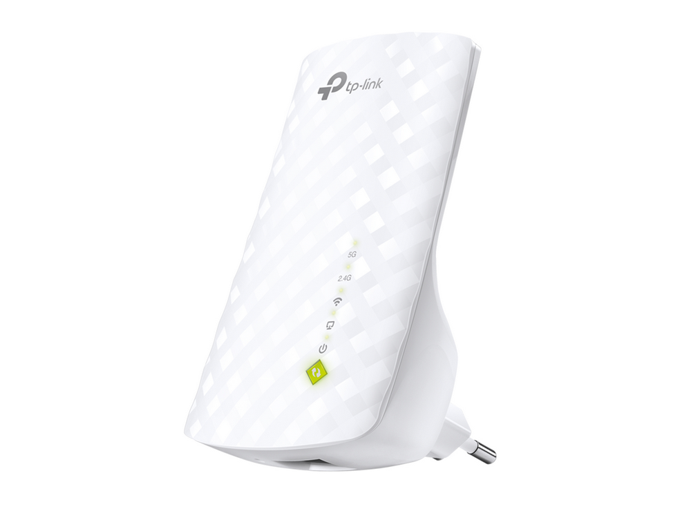 Extensor Wi-Fi TP-Link blanco con antenas y enchufe. Tiene luces indicadoras de estado.