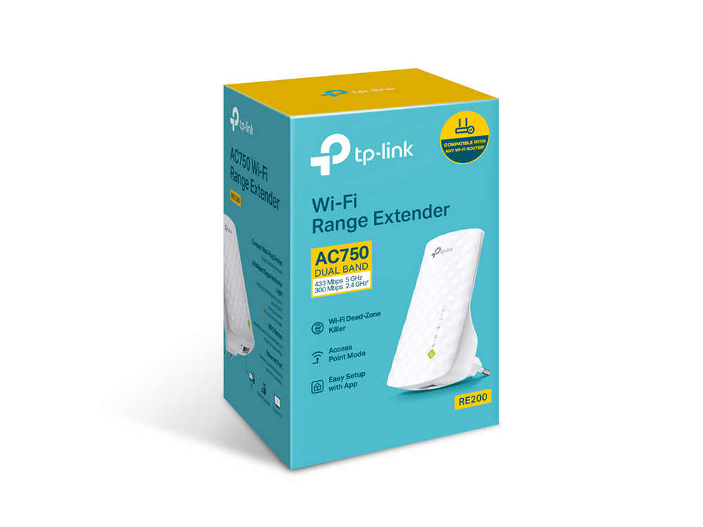 Una caja azul y blanca para un extensor de alcance Wi-Fi TP-Link. Muestra el producto y tiene texto que describe sus características.