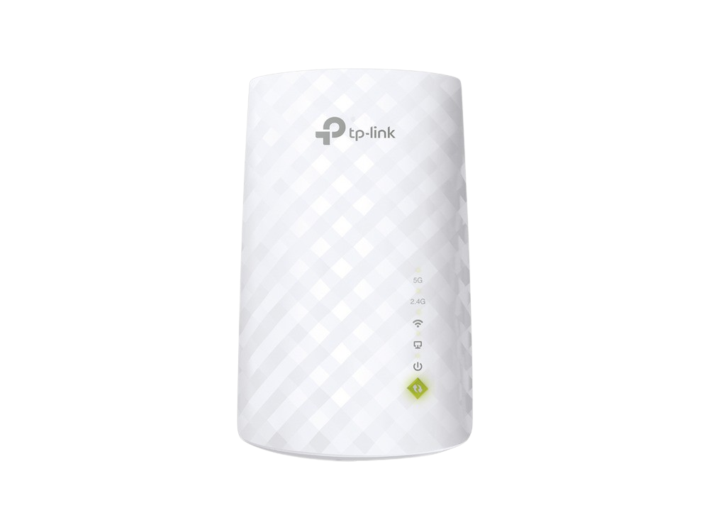 Extensor de alcance Wi-Fi TP-Link cilíndrico blanco con luces indicadoras. Fondo negro.