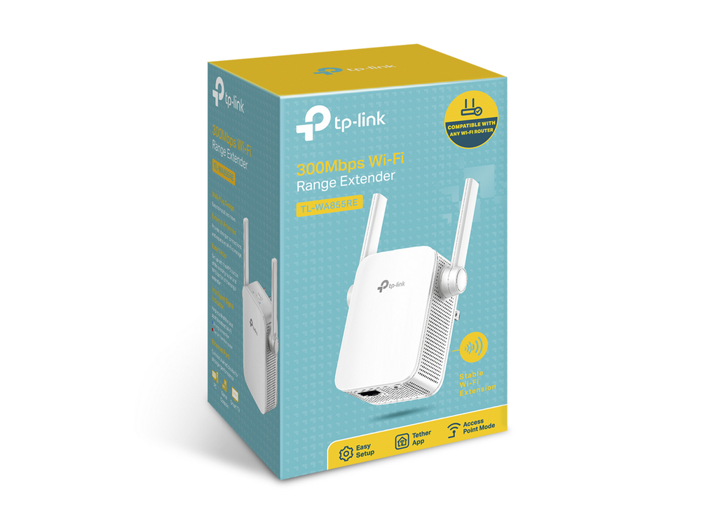 Un extensor de alcance tp-link blanco en su caja, con un fondo azul y amarillo.