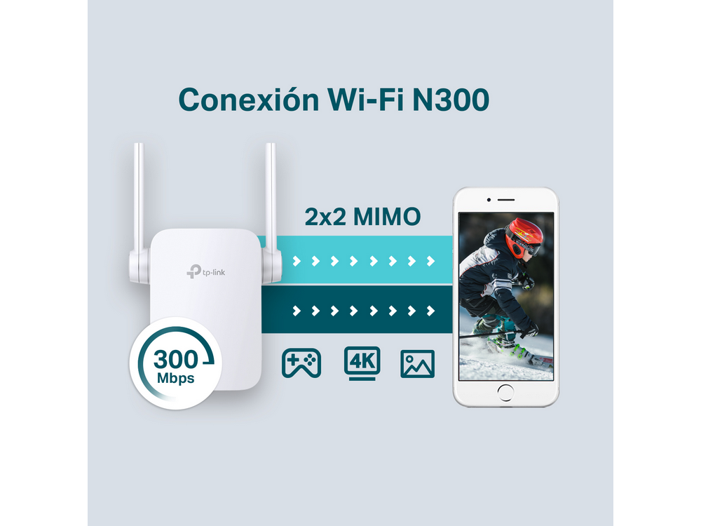 Router Wi-Fi TP-Link blanco con dos antenas. Un teléfono muestra a un esquiador. Texto: Wi-Fi N300.
