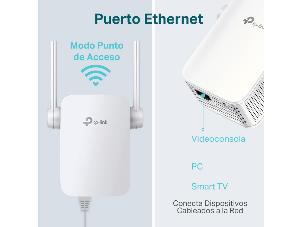 Un extensor Wi-Fi blanco con antenas, conectado a un enchufe. La imagen destaca el uso del puerto Ethernet.