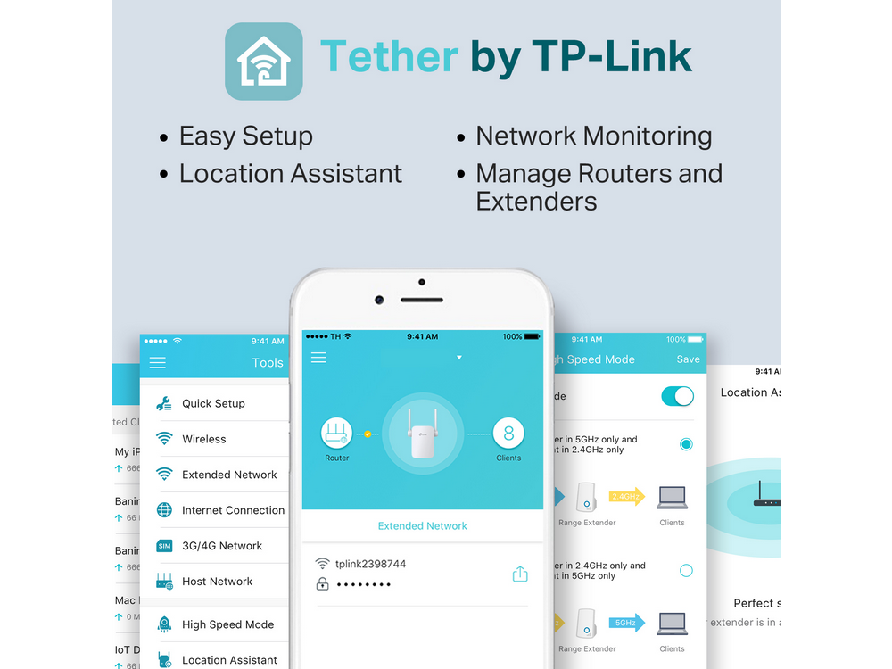 Un teléfono muestra pantallas de aplicaciones con texto. TP-Link.