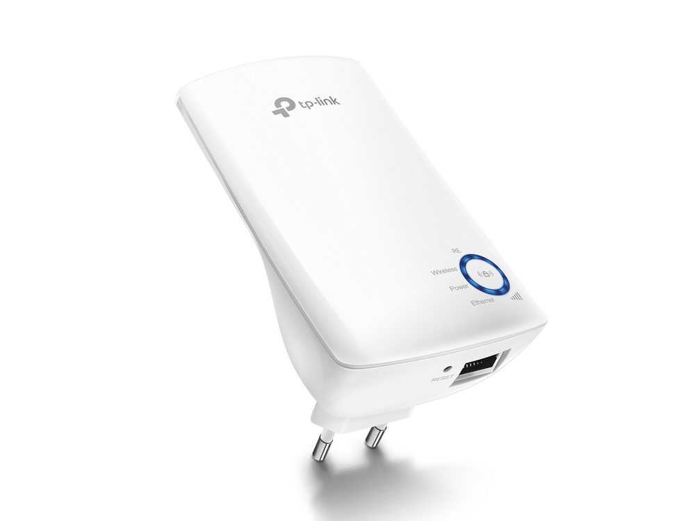 Un extensor de rango inalámbrico TP-Link blanco con un indicador de encendido, inalámbrico y ethernet.