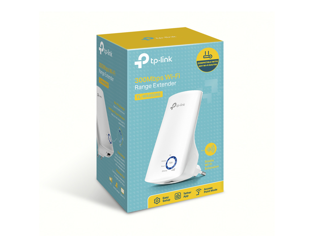 Una caja de extensor de alcance Wi-Fi TP-Link muestra el dispositivo y sus características sobre blanco.