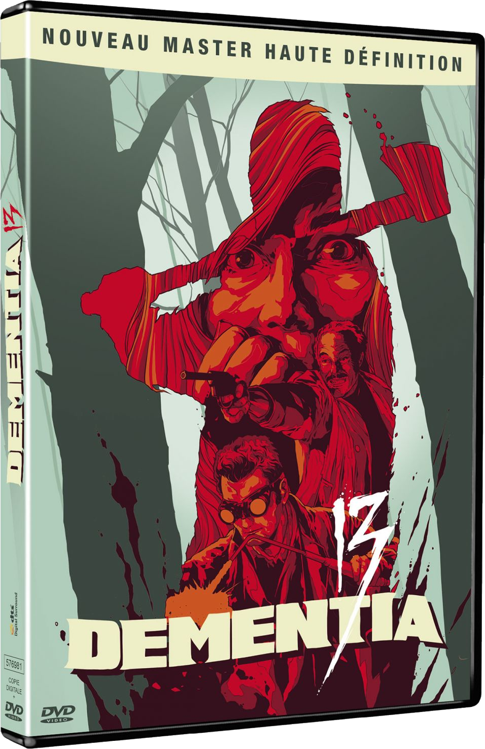 Boîtier DVD de film, avec une couverture de film d'horreur. Palette de couleurs rouge et noir. Fond blanc.