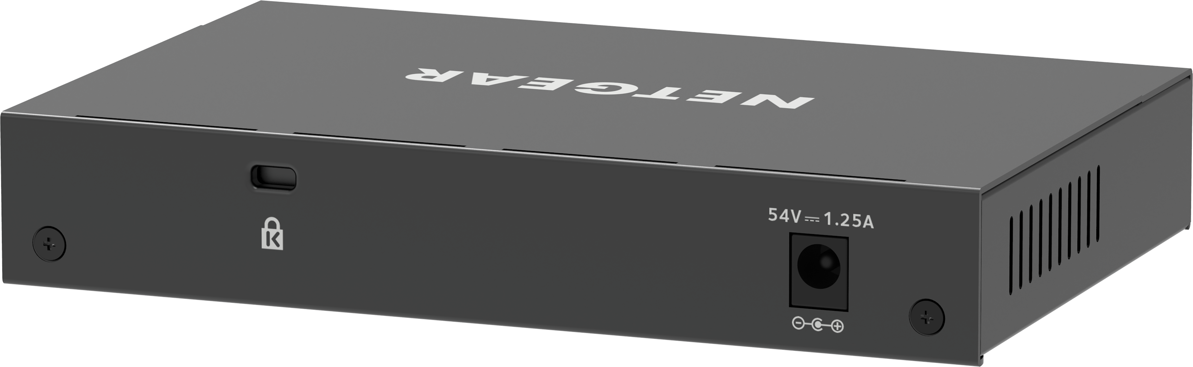 Een zwarte Netgear netwerkswitch. Het heeft een voedingspoort, een slot-symbool en witte tekst: NETGEAR en 54V==1.25A.