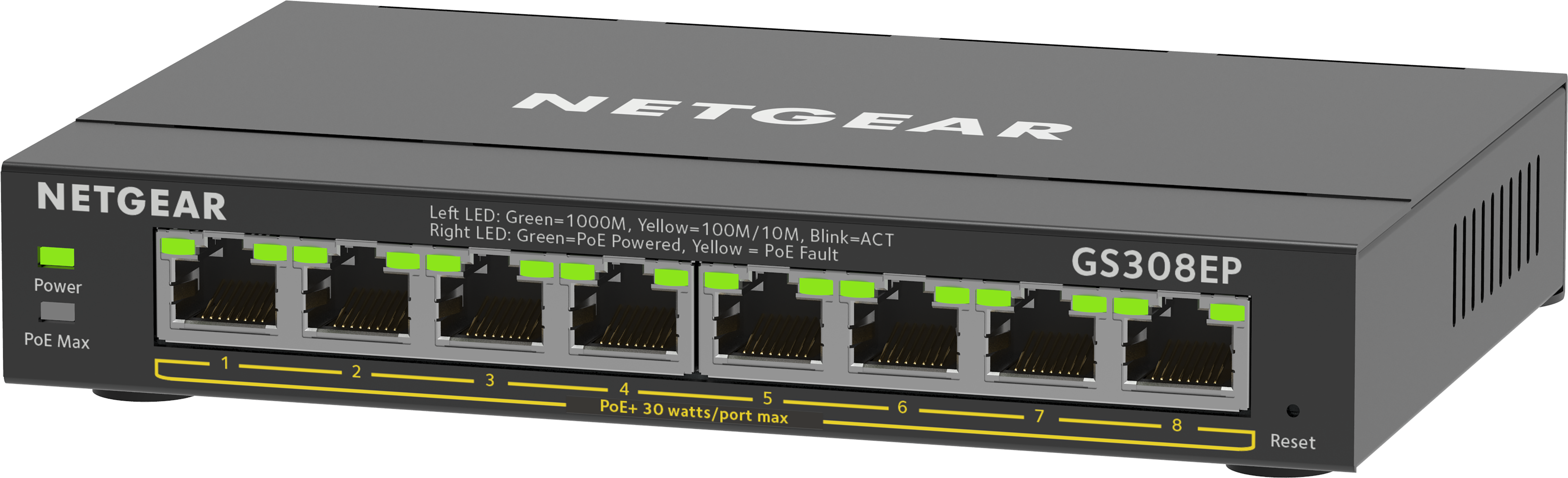 Een zwarte NETGEAR GS308EP netwerkswitch met 8 poorten en LED-indicatoren voor stroom en activiteit.
