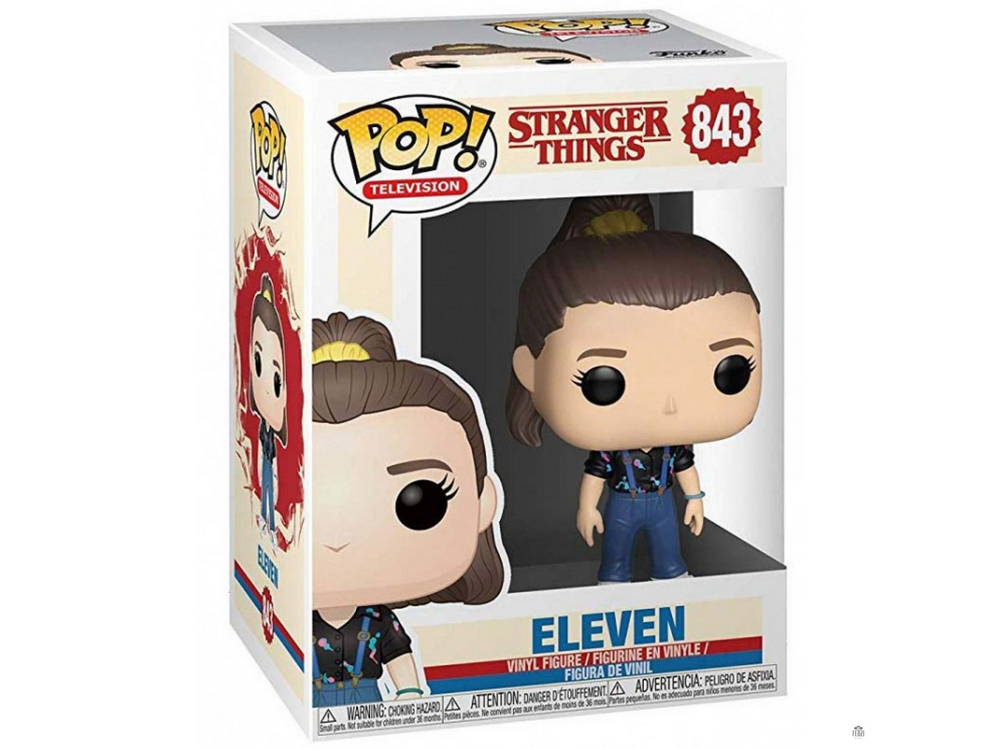 Una figura Funko Pop de Eleven de Stranger Things, en una caja de exhibición, con el rostro de Eleven visible.