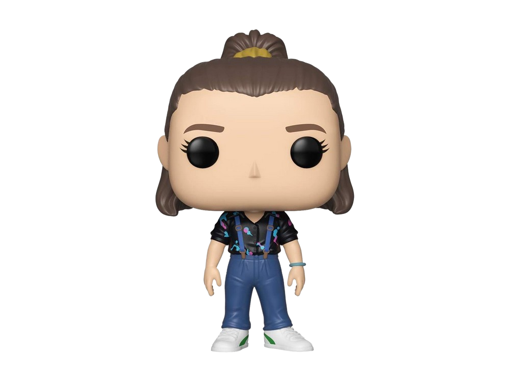 Figura Funko Pop de Eleven con jeans azules, camisa negra y tirantes sobre un fondo negro.