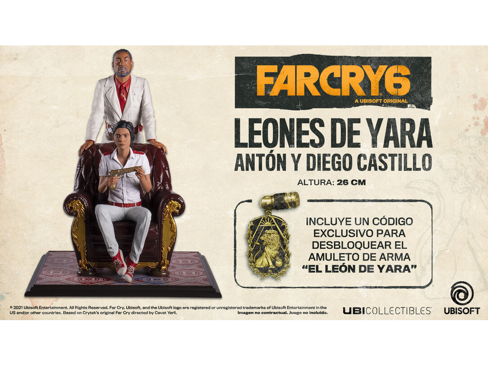 Imagen promocional de Far Cry 6 con dos personajes. Incluye una figura y un colgante dorado.