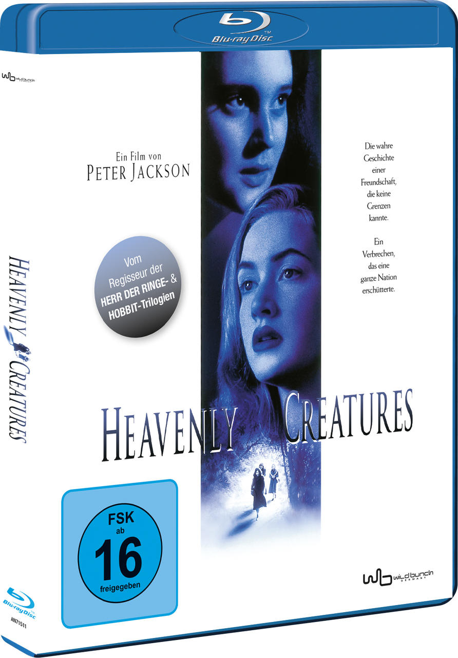 Filmcover: Zwei Frauen in dramatischer Pose. Titel: Heavenly Creatures. Text auf der rechten Seite.