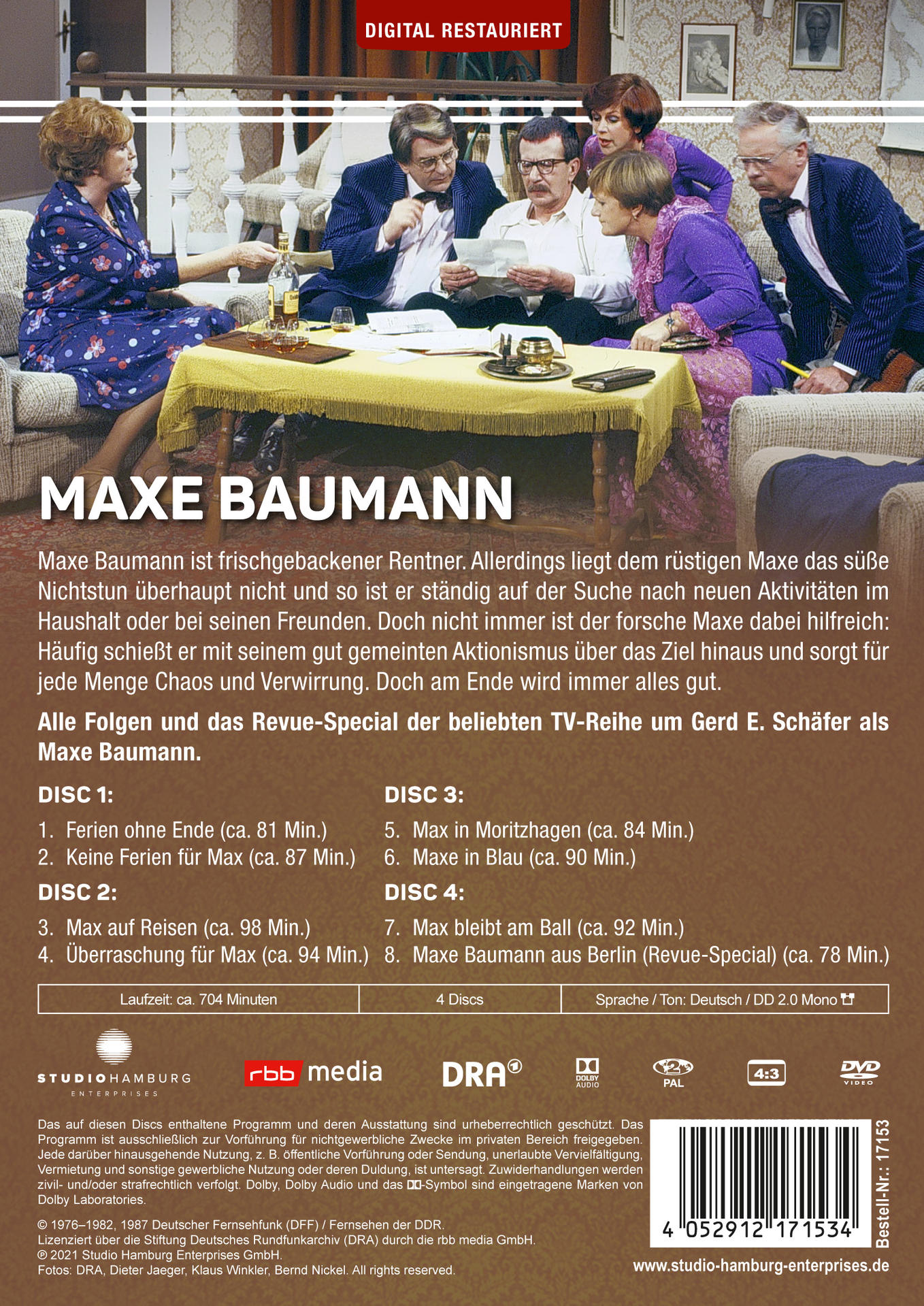 Maxe Baumann DVD-Cover. Eine Gruppe von Schauspielern sitzt um einen Tisch mit DVD-Details und Episodenlisten.