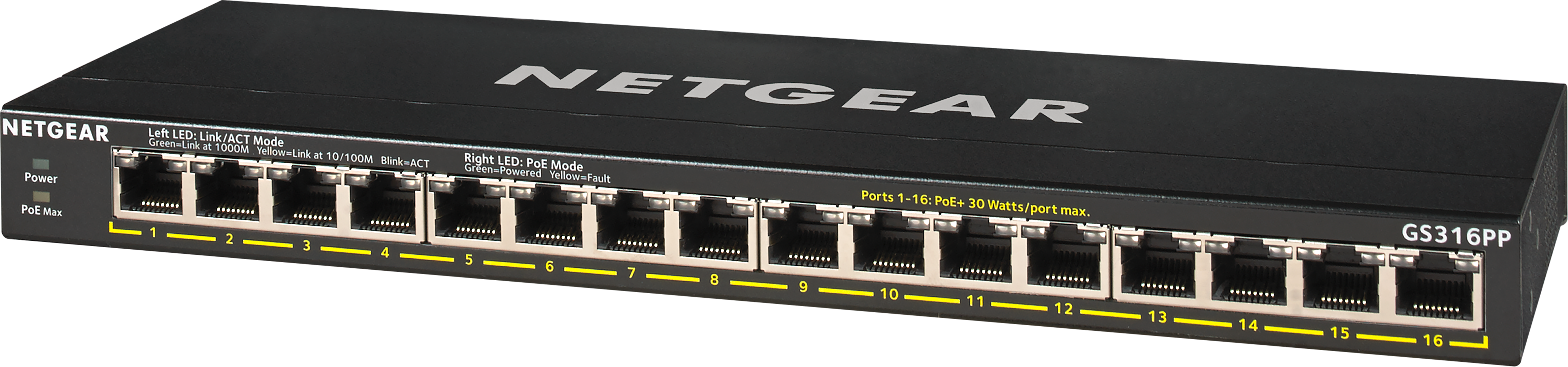 A black NETGEAR switch with 16 ports.