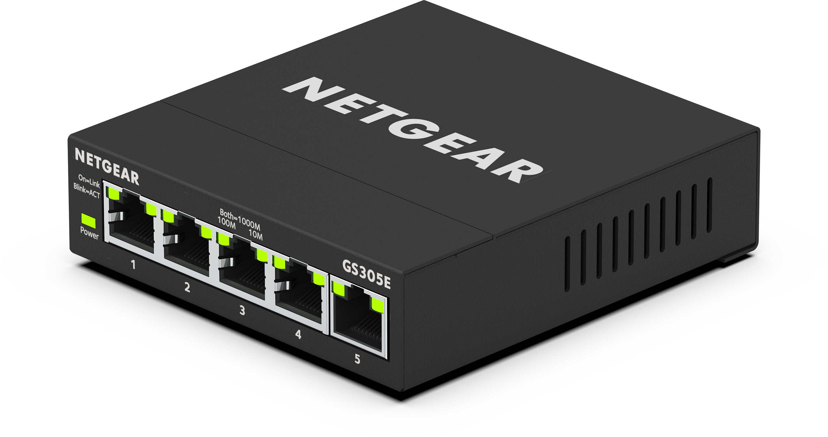 Zwarte NETGEAR switch met vijf poorten, groene lampjes en het NETGEAR logo erboven.