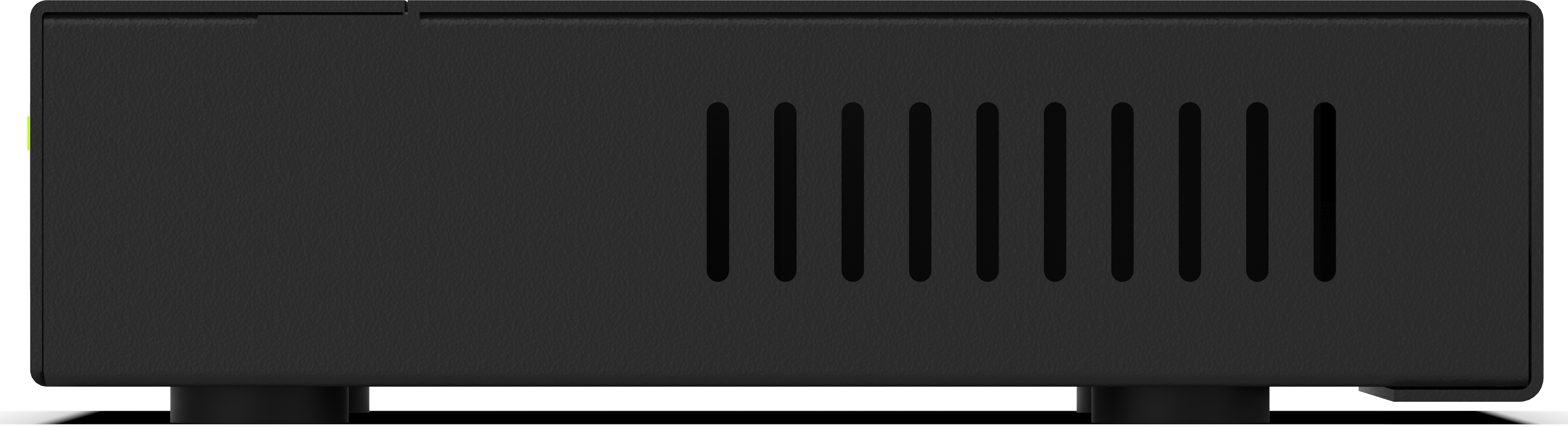 Zwart elektronisch apparaat. Het apparaat heeft ventilatiesleuven.