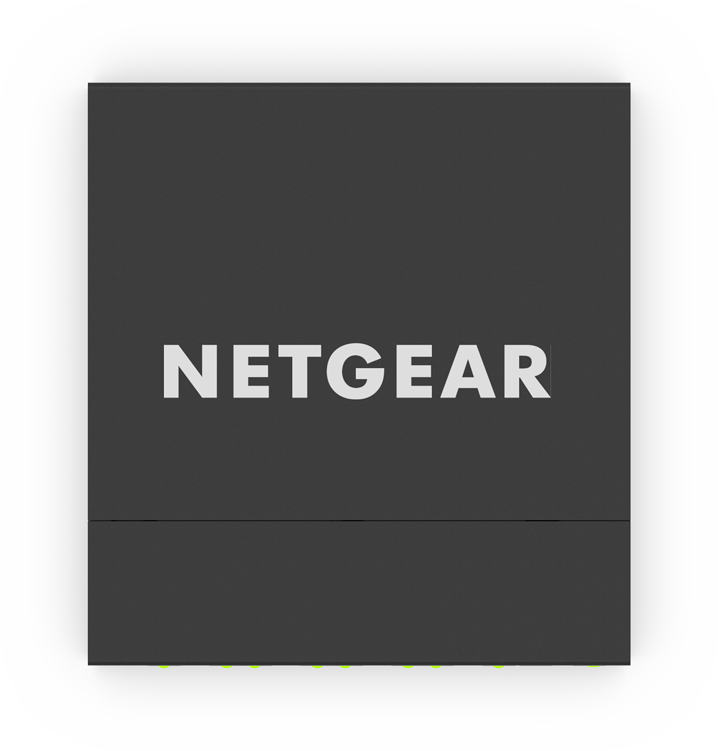 Bovenaanzicht van een grijs NETGEAR-netwerkapparaat met groene lampjes.