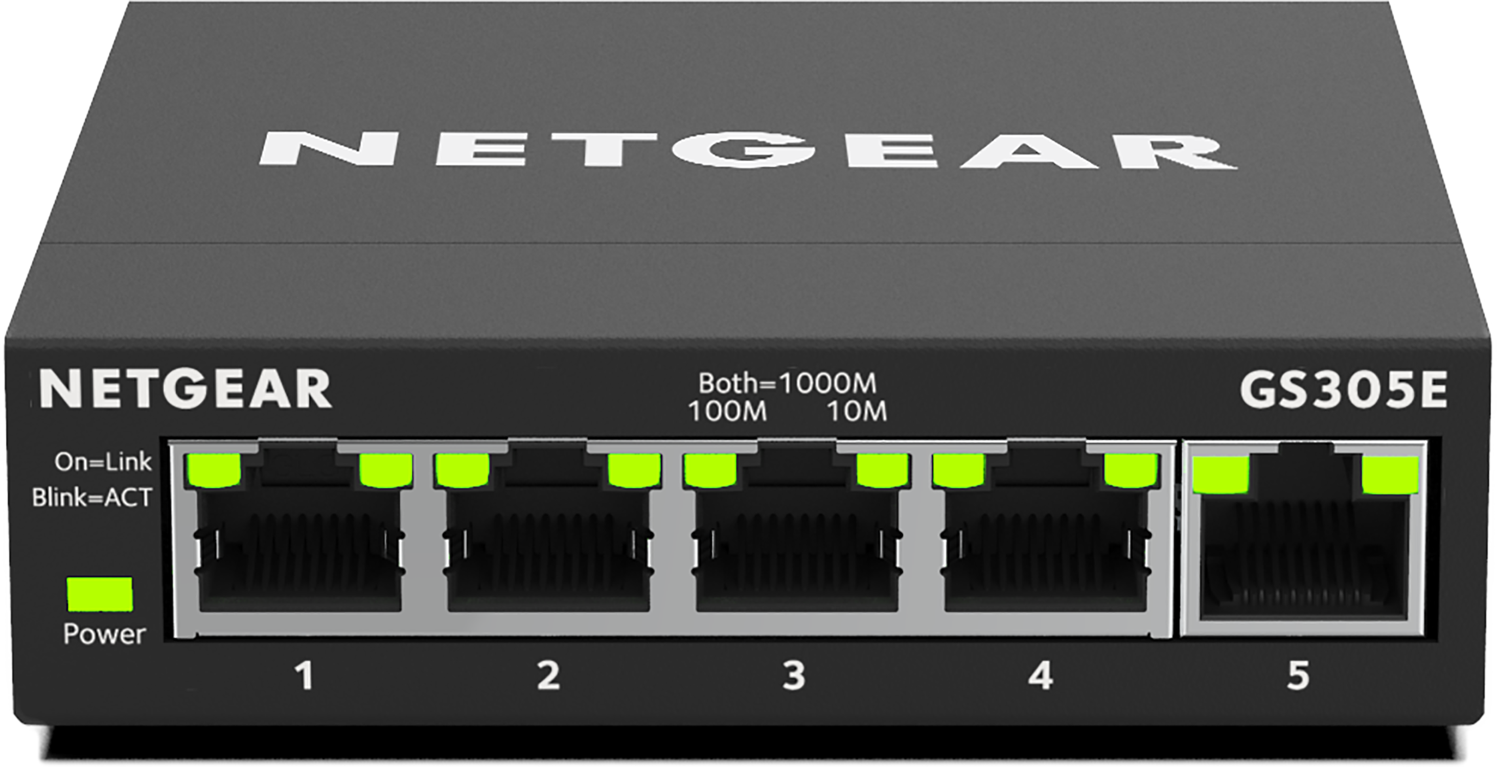 Zwarte netwerkswitch met 5 poorten. Het woord NETGEAR staat bovenaan, het woord GS305E rechts.